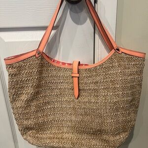 Stella & Dot Tan Raffia Tote with Pink Trim